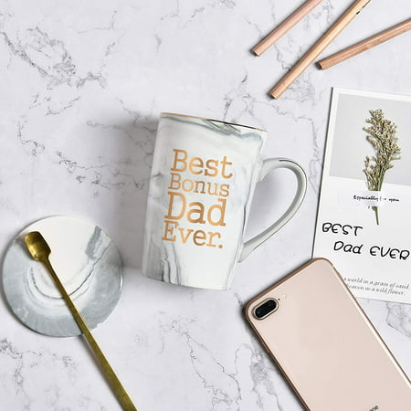 Gray Best Bonus Dad Ever Mug Dad Gifts for Father Stepdad from Son Daughter Kids Best Dad Mugs for Fathers Day Birthday Christmas Thanksgiving Marble Mug with Box Spoon Coaster 14 Oz 
